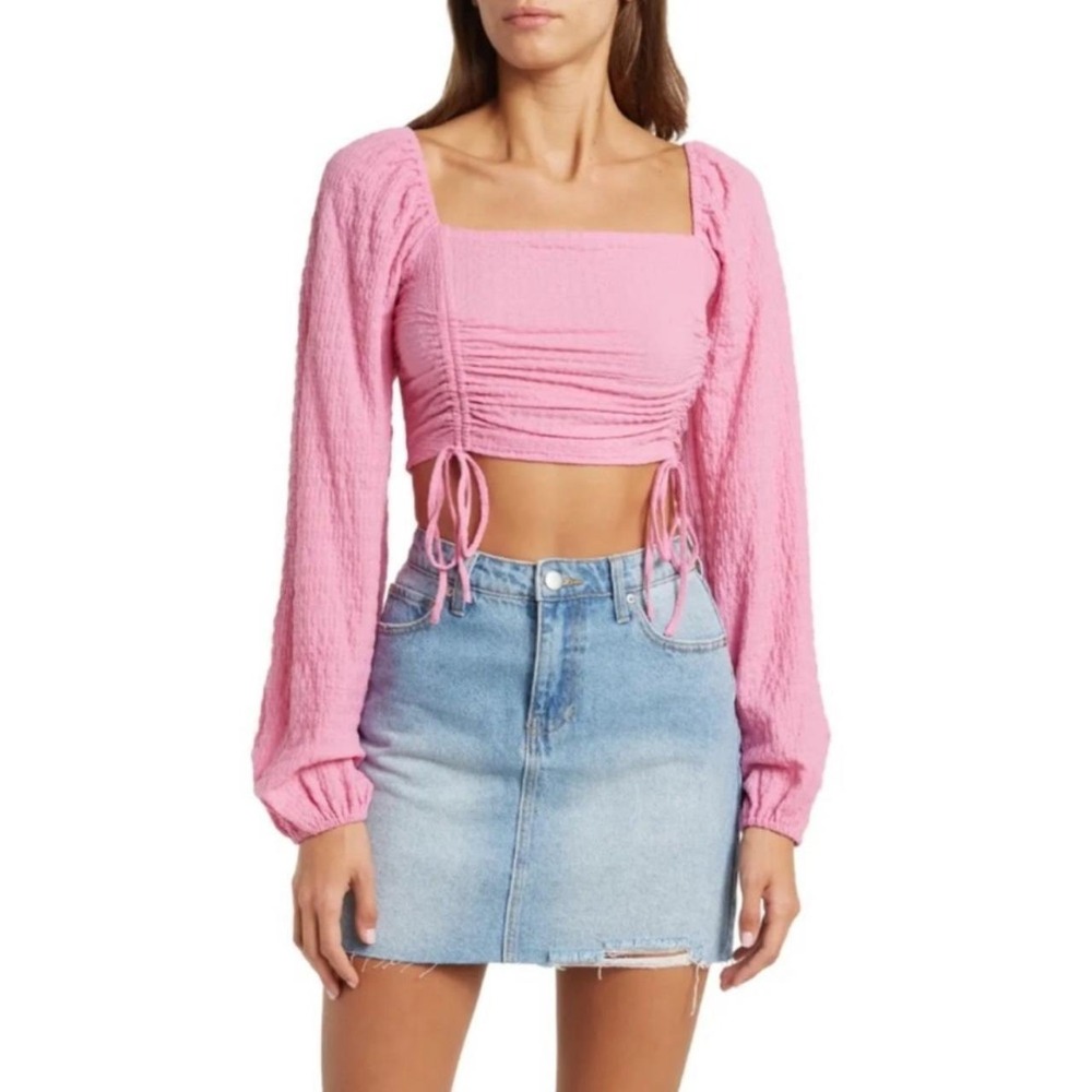 Sophie Rue‎ Shirt Women M Pink Ruched Crop Top Textured Milkmaid Coquette Girly